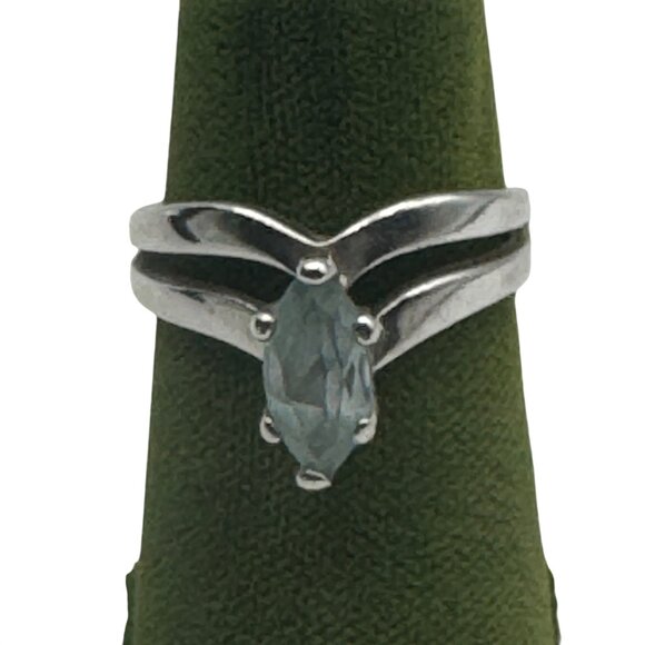 Sterling Silver 925 Ring Marquise Blue Stone Split Shank Elegant - Picture 1 of 5